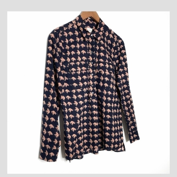 GAP Fitted Boyfriend Shirt Elephant Motif Navy 100% Cotton Popover Button Detail - Picture 2 of 9